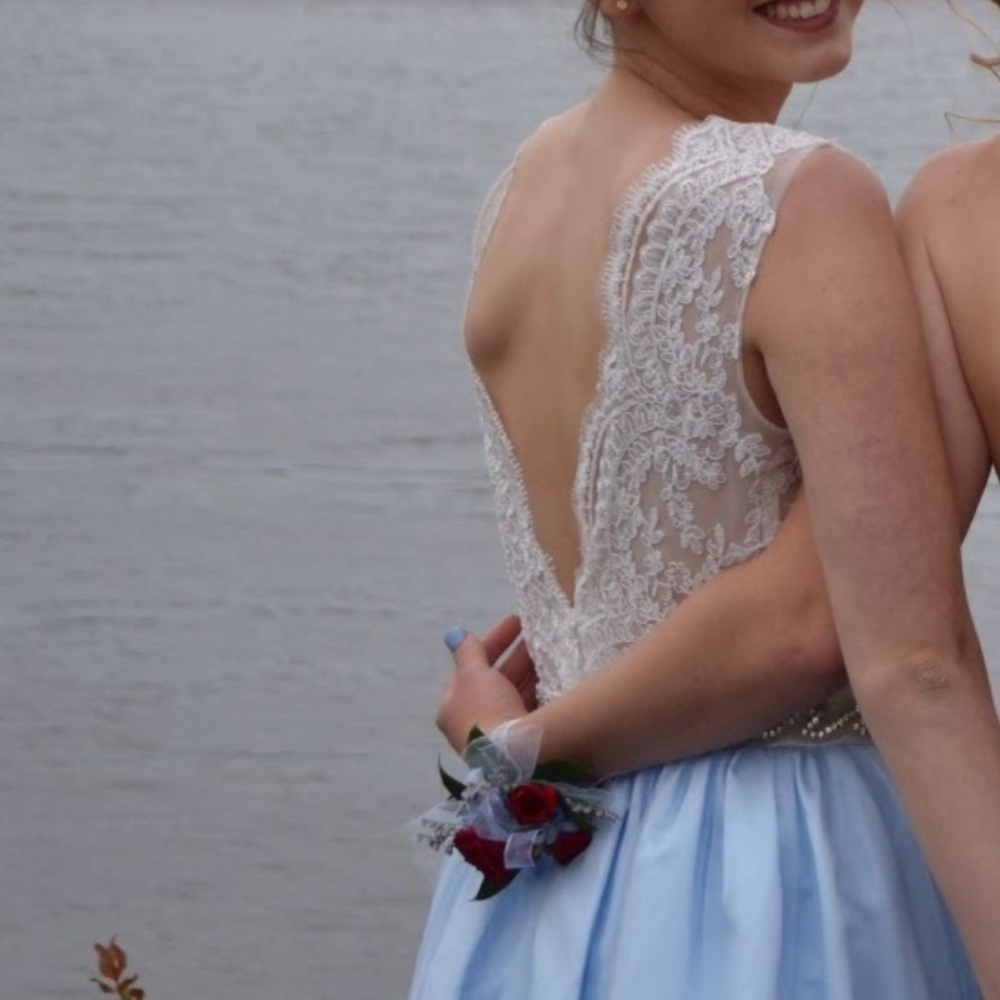 White and baby blue prom dress